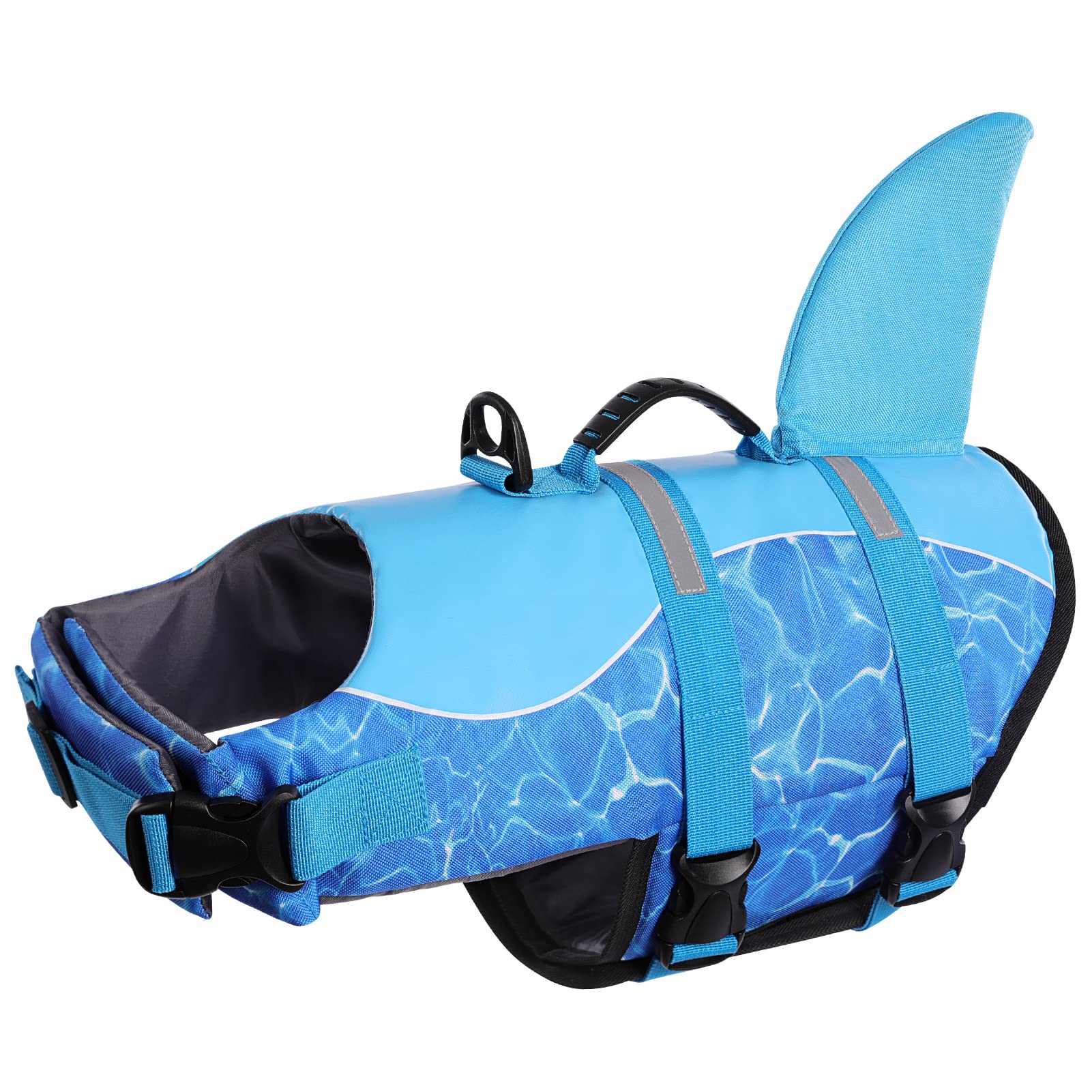Photo 1 of Queenmore Shark Dog Life Jacket, Dog Life Vest for Swimming, High Buoyant Doggie Swimming Vest, Adjustable Easy On Pet Swim Jackets for Small, Medium, Large Breeds (Blue,M)