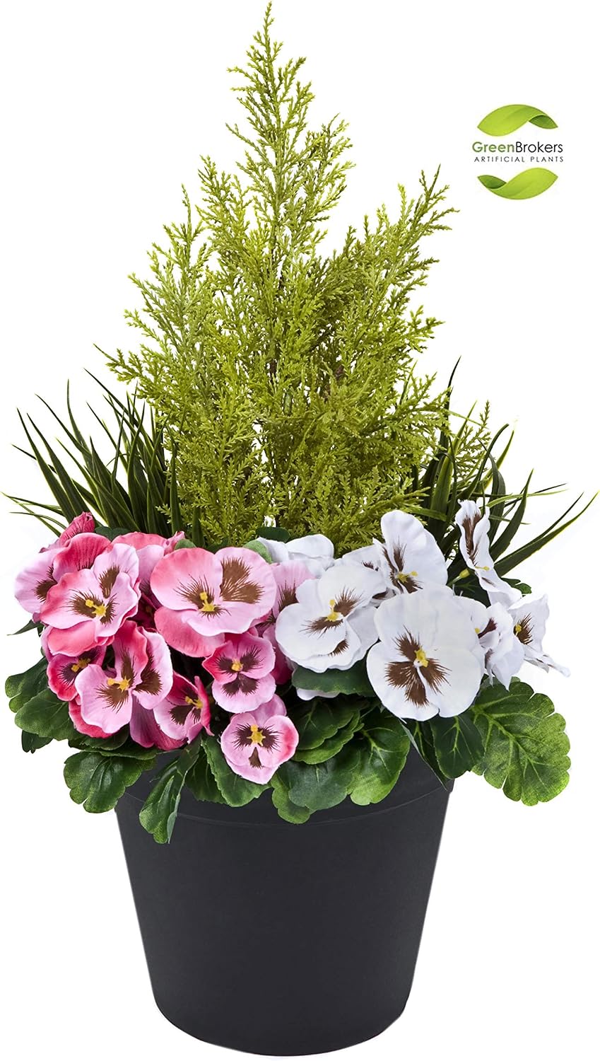 Artificial Pink and White Faux Silk Pansies with Grasses/Conifer Topiary in a Black Pot Patio Planter Ideal for Home Patio