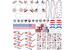 Raymall 4th of July Party Favors Decorations, 157pcs Red White Blue Party Supplies, Patriotic American Flag Headbands Clap Bracelets Necklaces Glasses Tattoo for Fourth of July Accessories Bulk