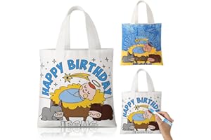 Locmeo 18 Pcs Happy Birthday Jesus Coloring Crafts Christmas Coloring Canvas Bag Sunday School Christian Treat Bags Religious Reusable DIY Tote Bag for Xmas Gift Party Supplies