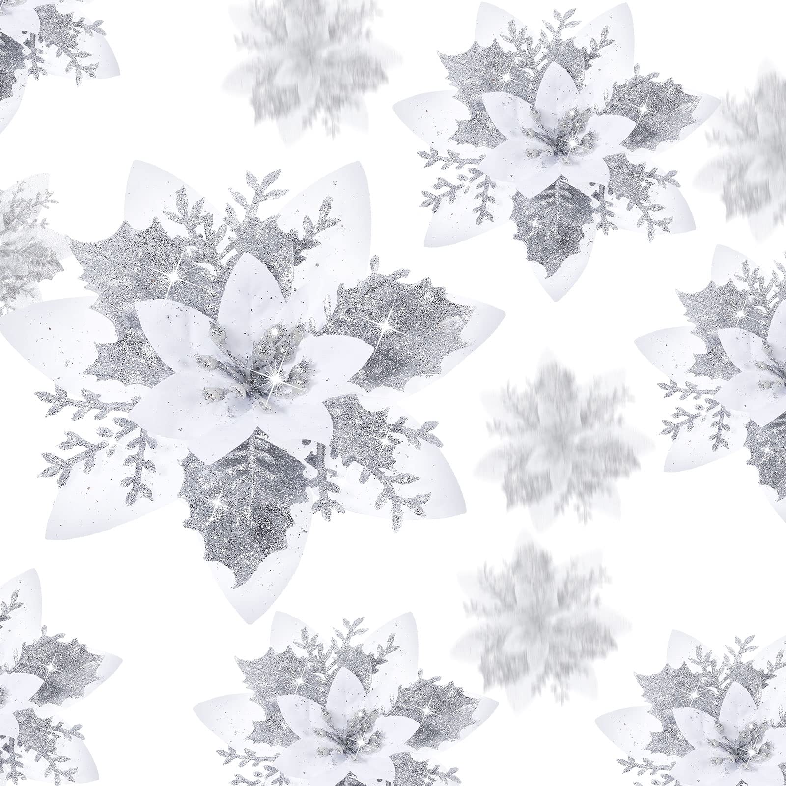 24 Christmas Glitter Artificial Poinsettia Flowers Xmas Poinsettia Artificial Wedding Flowers Decorations Xmas Tree Ornaments with Clips for Party Favors, 6 Inch, 4 Inch, 3 Inch (Silver and White) — image 1