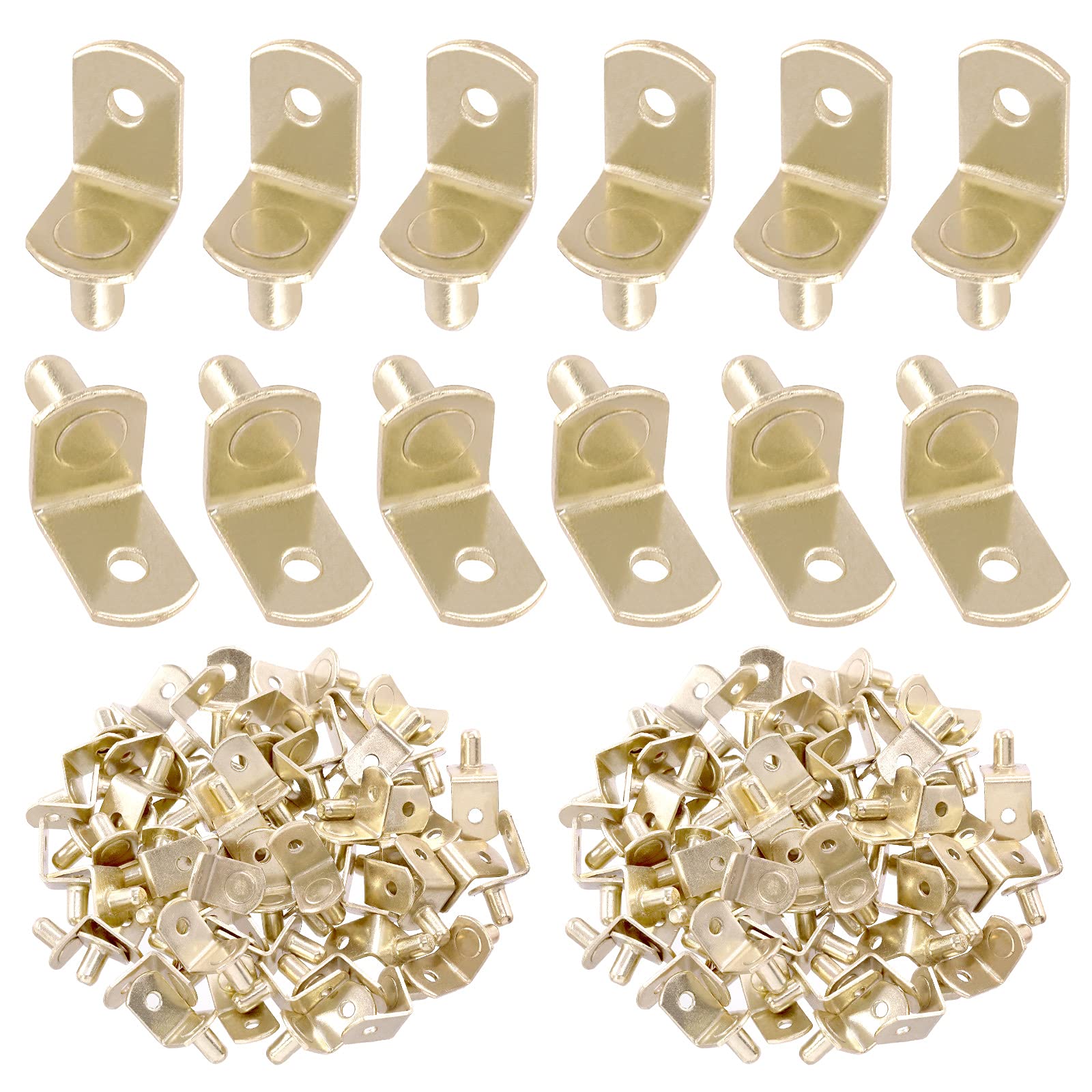 Swpeet 60 Pcs L-Shelf Pins, 6mm Gold Support Pegs with Hole, Plated Steel Shelf Holder Pins Bracket Cabinet Clips Holder for Bookcase, Cabinets and Entertainment Centers