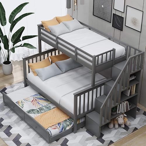 MERITLINE Twin Over Full Bunk Bed with Twin Size Trundle, Wooden Bunk ...