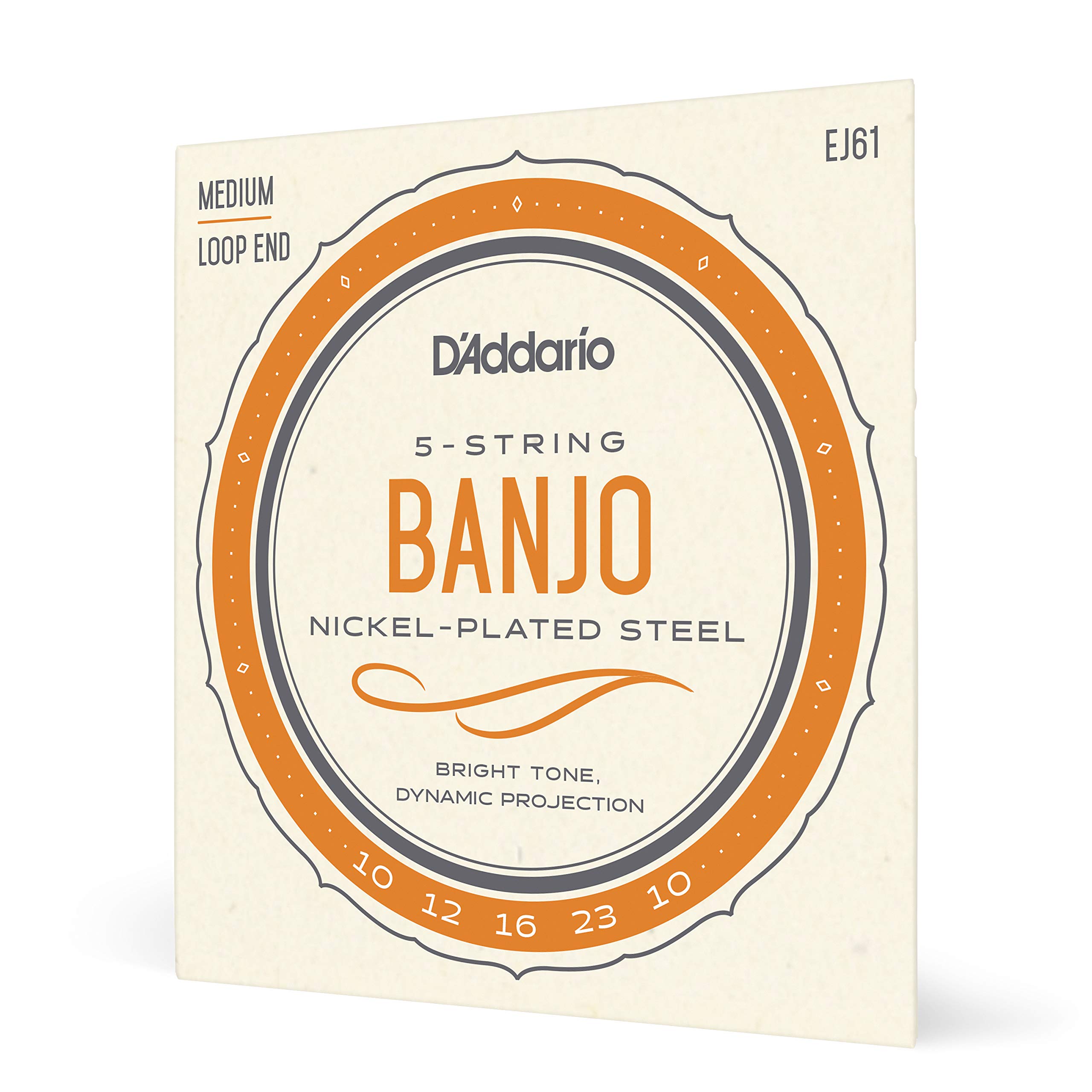 D'Addario Banjo Strings, Nickel-Plated Steel, EJ61, Medium Gauge 10-23, 5-String Set, Pack of 1