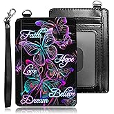 BREIDMKFM Credit Card Holder Slim Wallet,RFID Wallet Women Front Pocket Small Card Holder Travel Cute Thin Minimalist Card Case Leather Flat Wallet with ID Window&Wrist Strap,Pink Purple Butterfly
