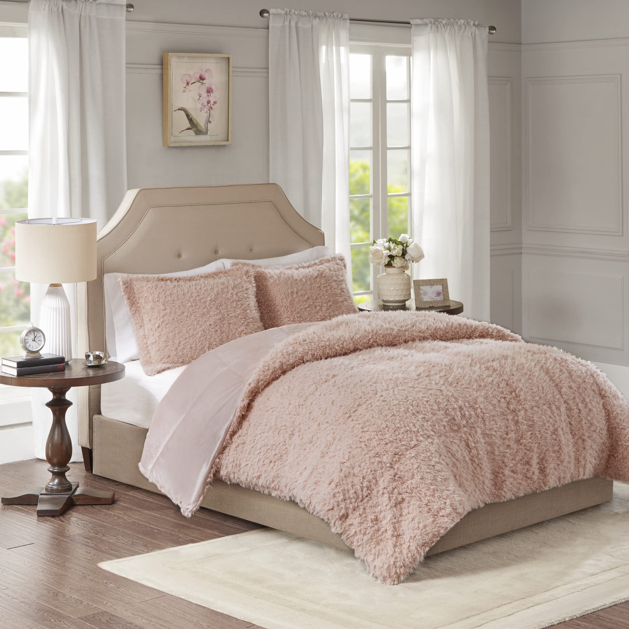 Madison Park Nova Luxury Soft Mohair Reverse Faux Mink Comforter Set, Twin 68"x90", Blush Pink Image