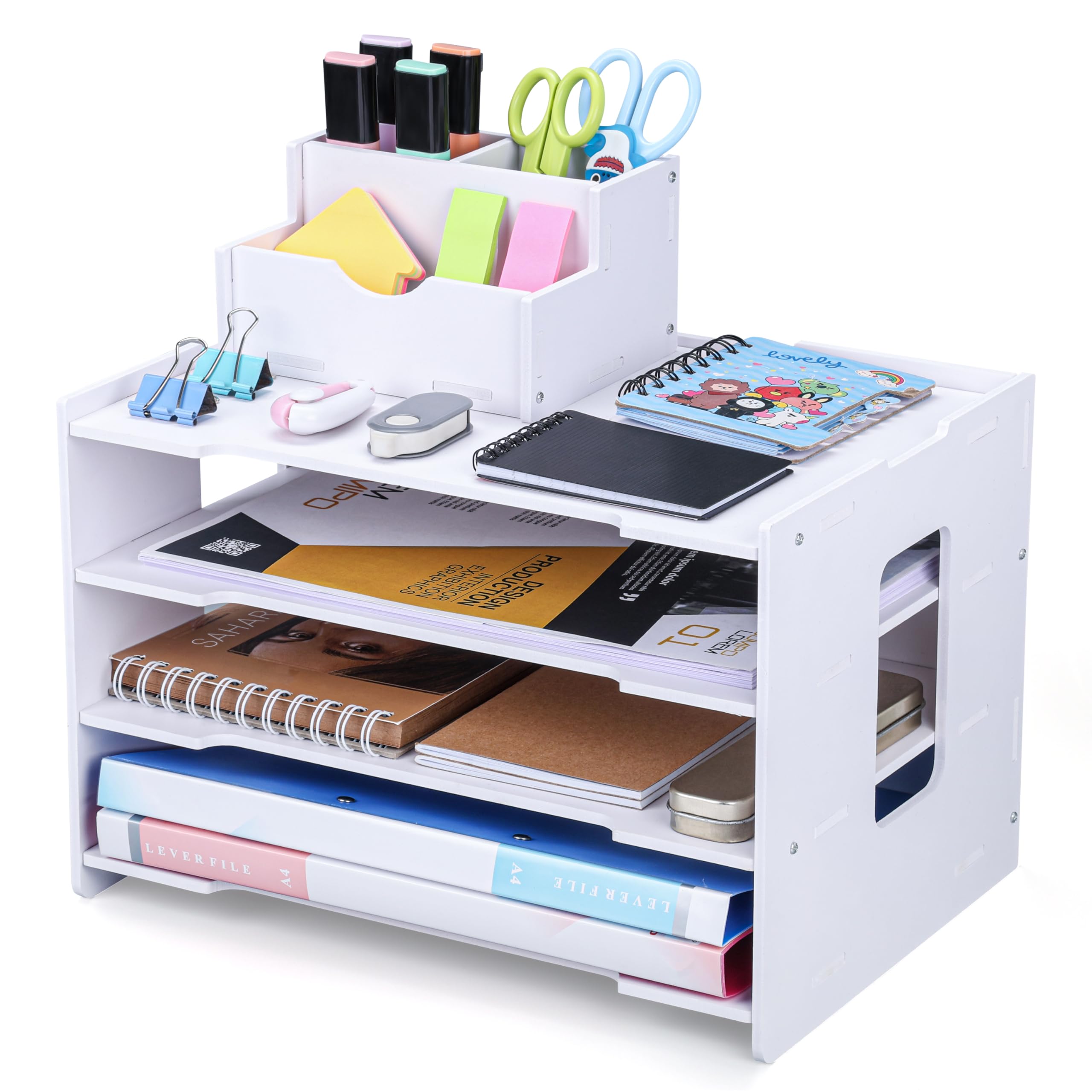 Belle Vous White 4-Tier Letter Tray Organiser - Office Desk Tidy File/Stationery Holder Rack - Document/Paper Filing Storage Shelves for Office, Desktop/Table, Home, Study or School