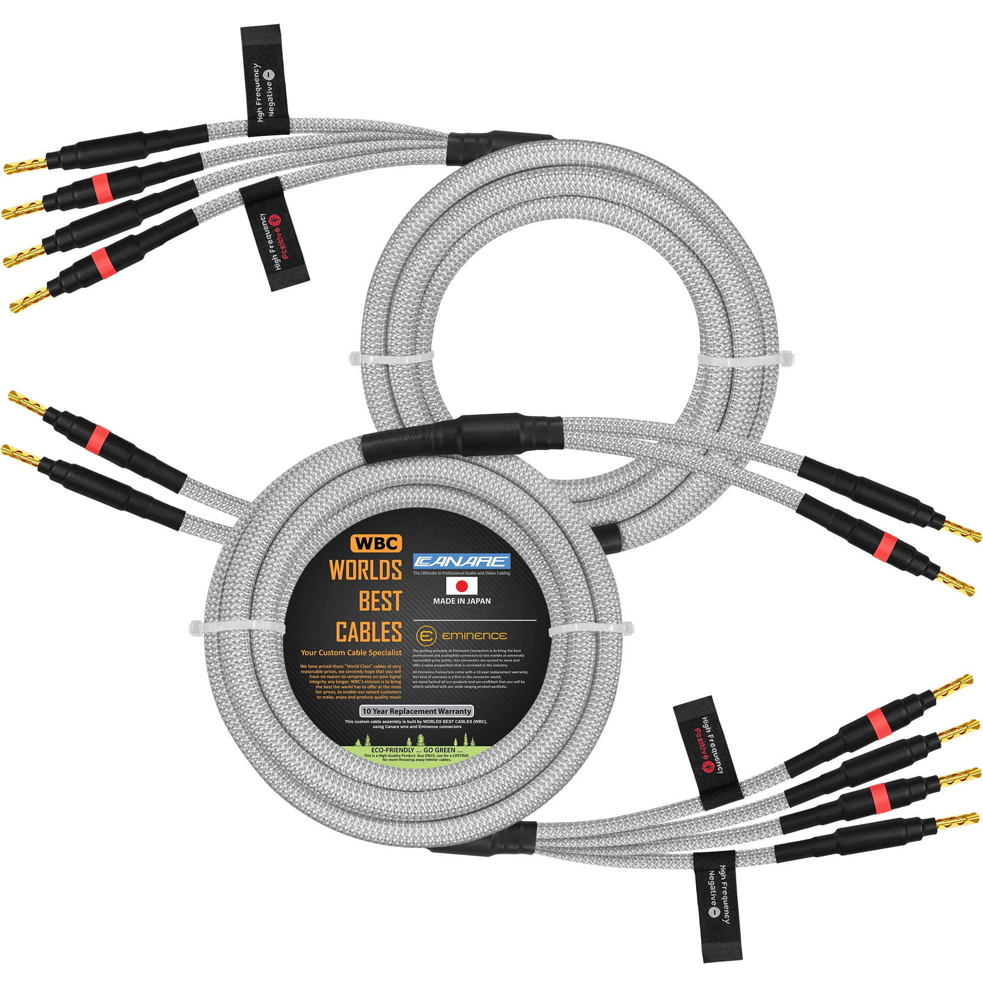 WORLDS BEST CABLES 2.5 Meter - Canare 4S11 - Braid (White + Steel) – Audiophile Grade - HiFi Star-Quad Bi-Wire Speaker Cable Pair with Eminence Gold Banana Connectors