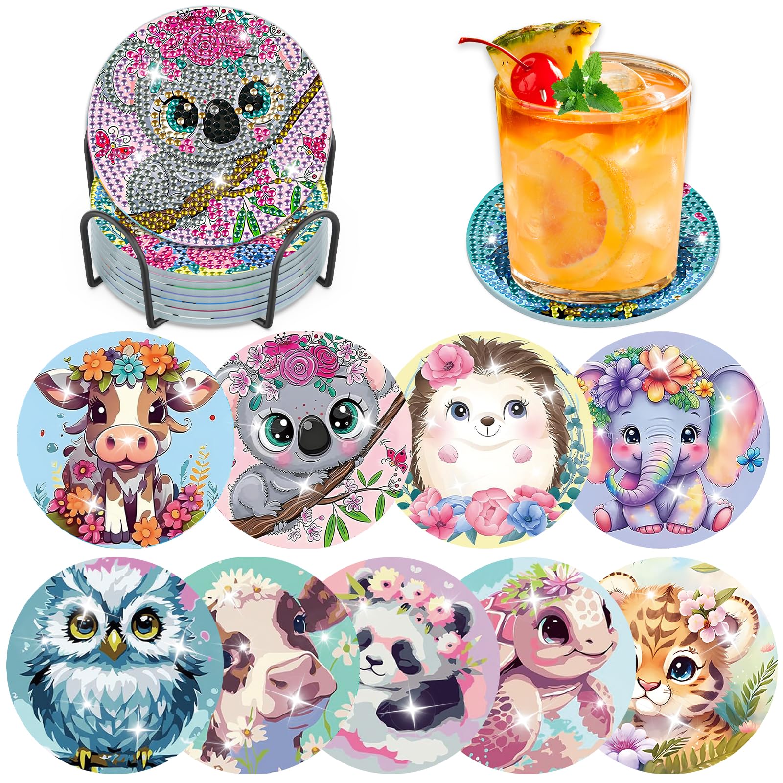 Lxmsja 9pcs Diamond Painting Coasters with Holder, Diamond Art for Adults Kids Beginners DIY Funny Drinks with Cork Craft Kits
