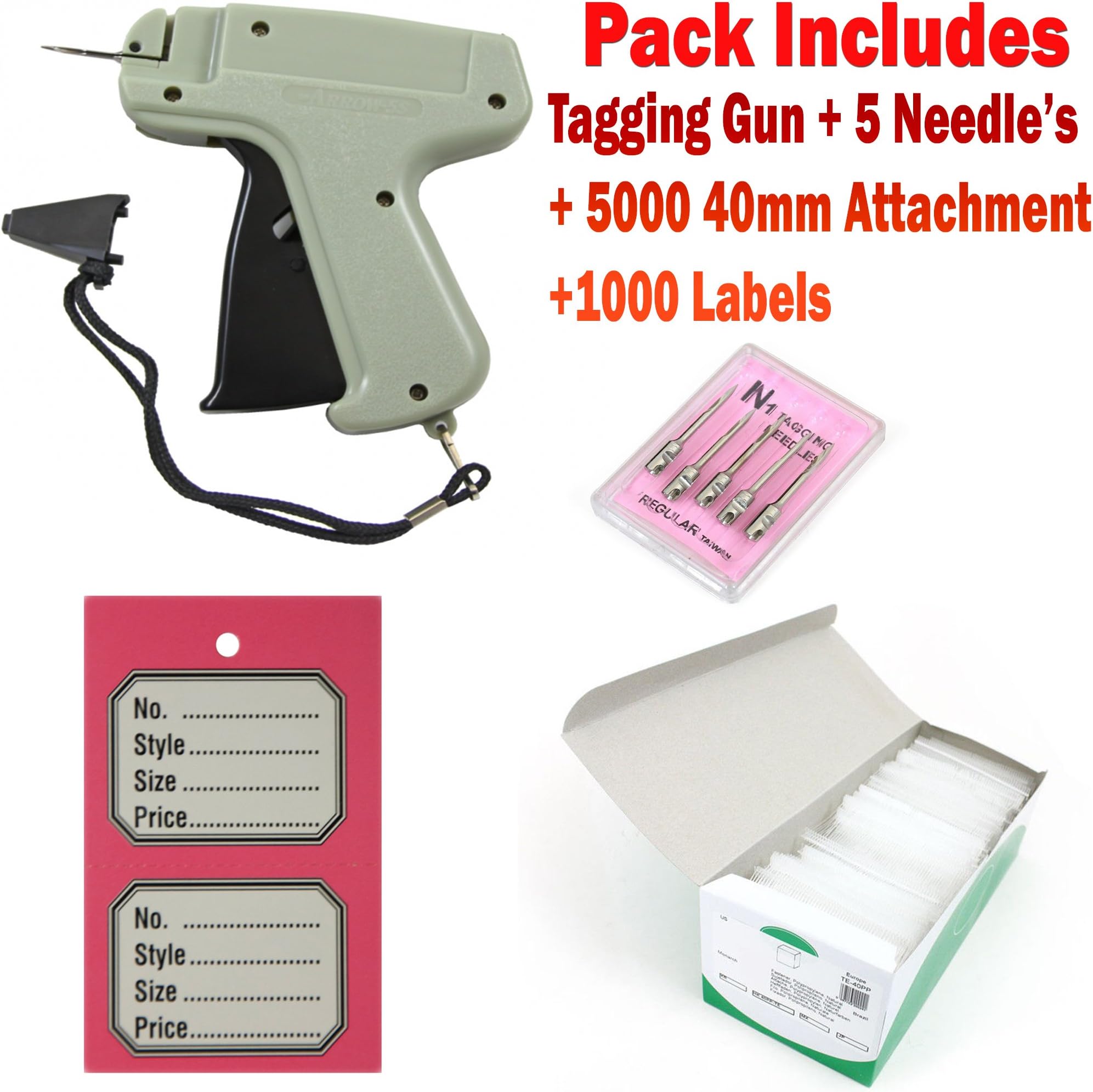 Tagging Gun + 5 Needles +1000 Pink Double Perforated Tickets+ 40mm Kimble Tags Attachments