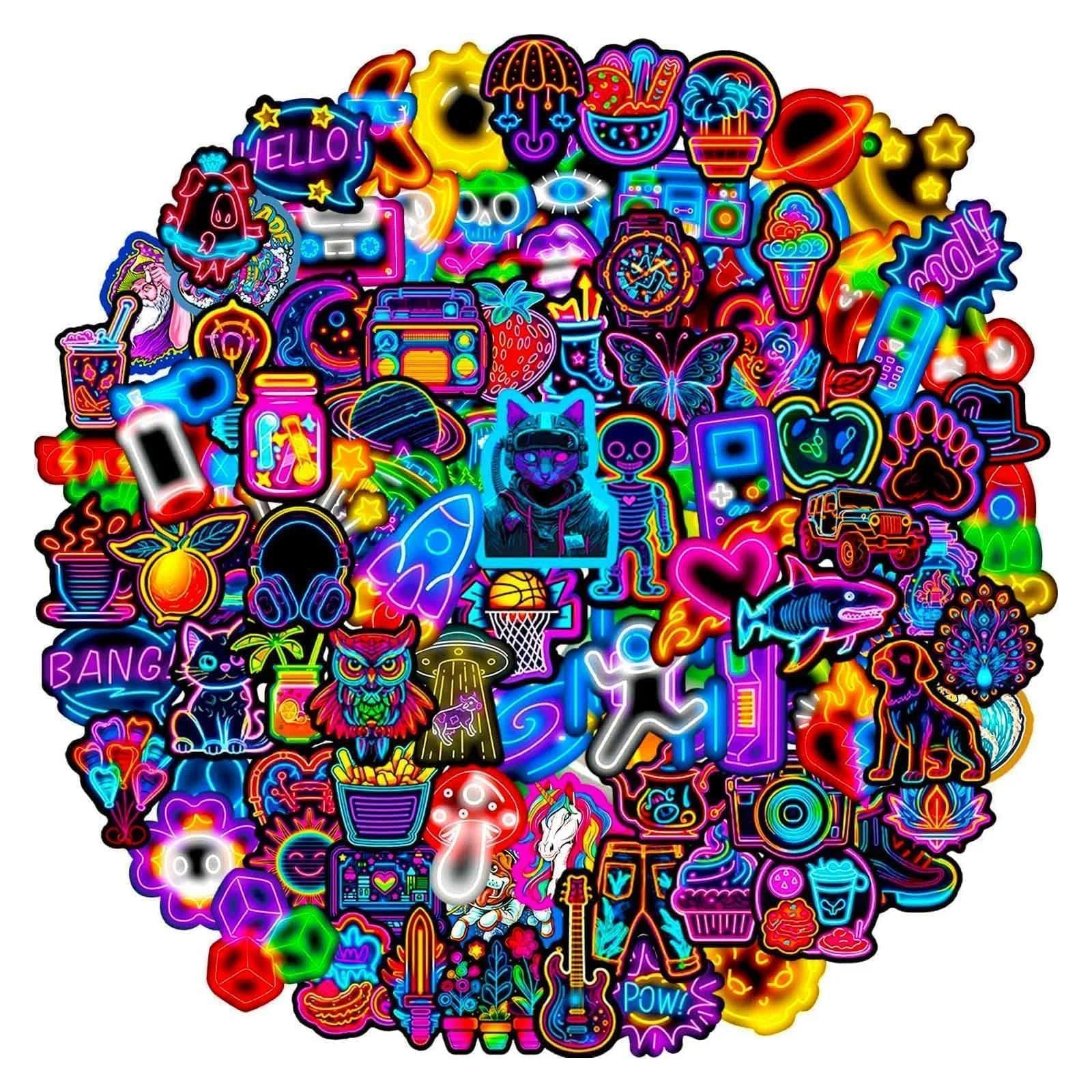 JOOTUEPO 100 Pcs Cool Neon Stickers for Children Adults, Teacher Reward Prizes for Kids, Waterproof Vinyl Stickers, for Scrapbook Laptop Suitcase Journal Skateboard Journal Water Bottle Phone