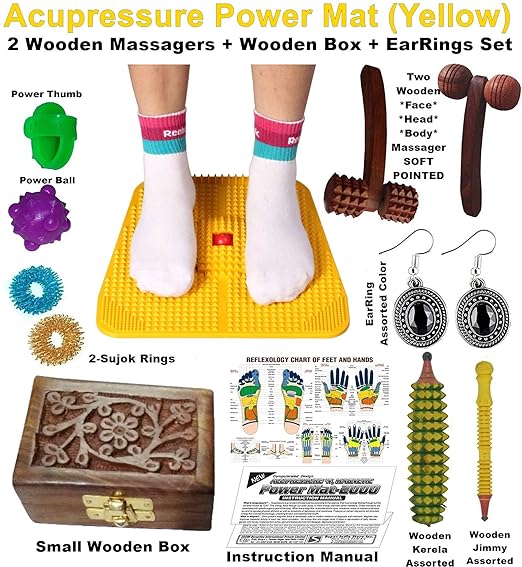 Super India Store Plastic, Magnets, Paper and Metal Acupressure Mat with Magnetic Pyramids with 2 Wooden Face Massagers Box