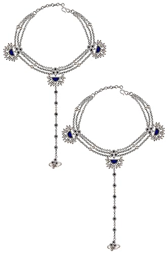 Amrapali Navrang Silver Plated Blue Glass Rawa Flower Navrang Anklets with Toe Rings for Women (TBAHP-001(S))