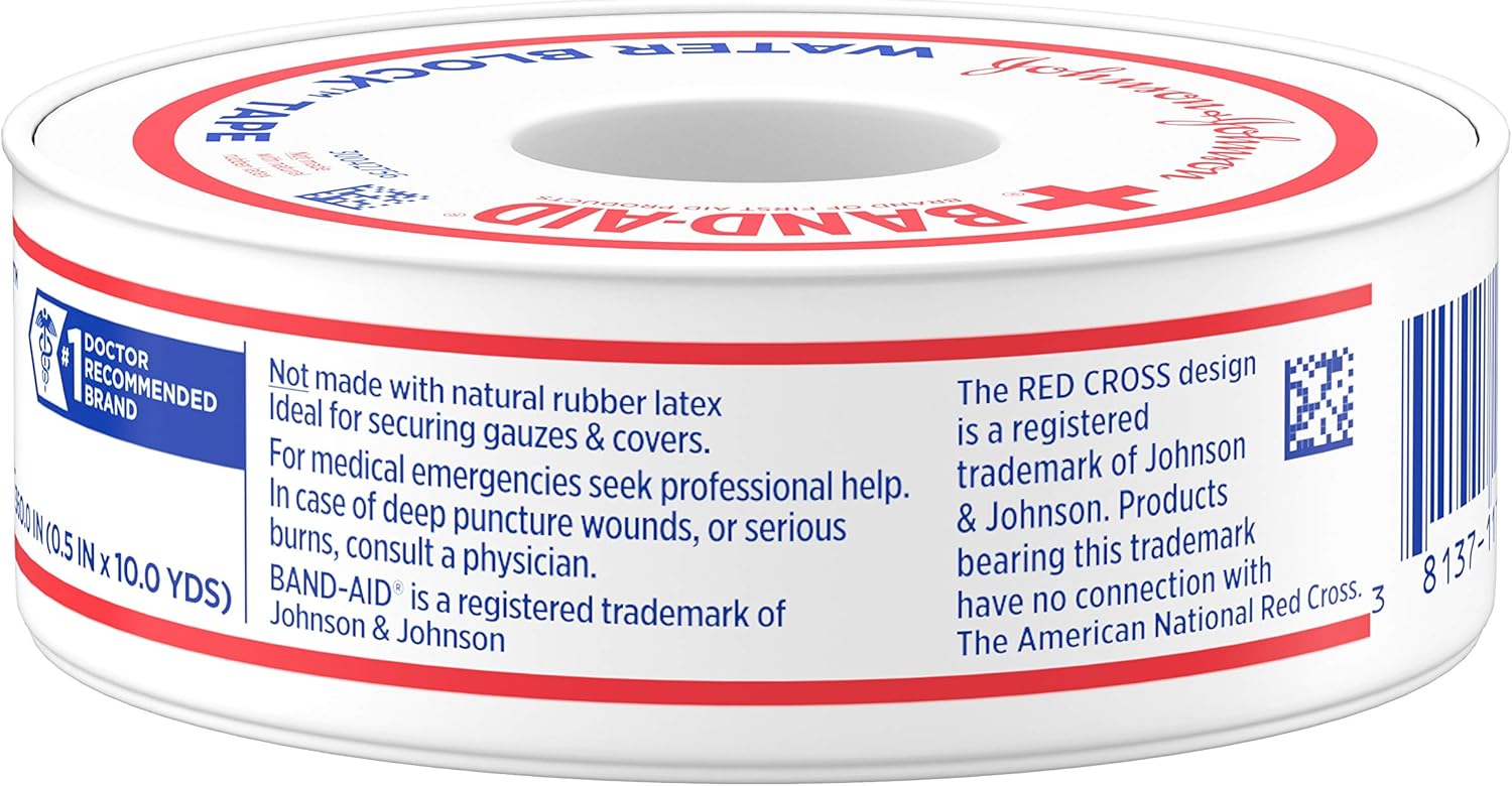 Band-Aid Brand First Aid Water Block 100% Waterproof Self-Adhesive Tape Roll for Durable Wound Care to Firmly Secure Bandages, 1/2 In by 10 yd: Health & Personal Care