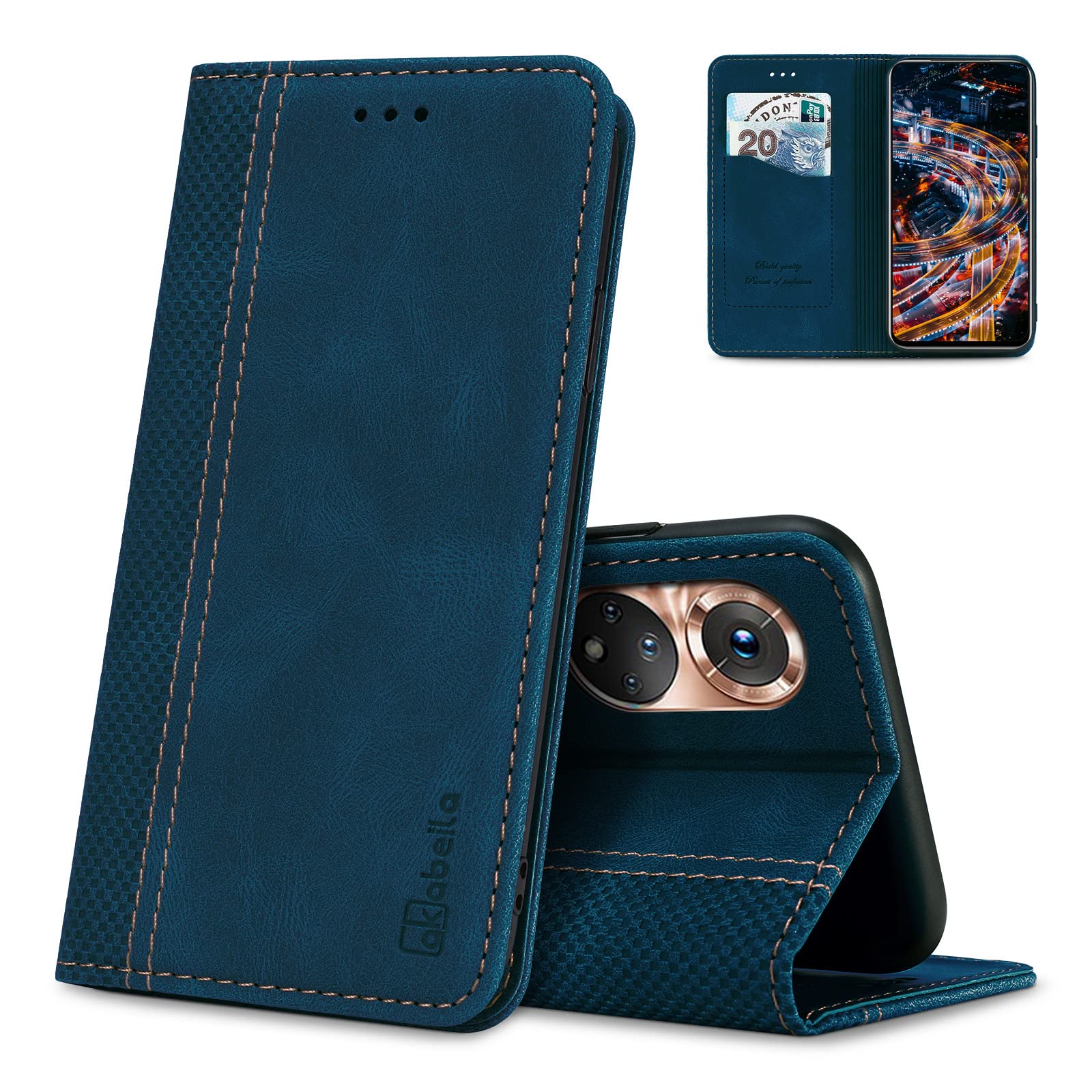 AKABEILA Case for Honor 50 PU Leather Flip Wallet Case with Magnetic Closure Kickstand Card Slot Shockproof Blue — image 1