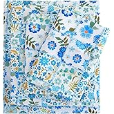 Mooreeke Cozy Pastoral Microfiber Printed Full Sheet Set - Soft & Breathable Blue Green Floral Patchwork Bed Sheets with Extra Deep Pocket - Non-Slip Fitted Design - Floral Patchwork Pattern - Full