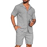 URRU Mens 2 Piece Outfits Summer Casual Texture Beach Short Sleeve Button Down Shirts and Shorts Set with Pocket