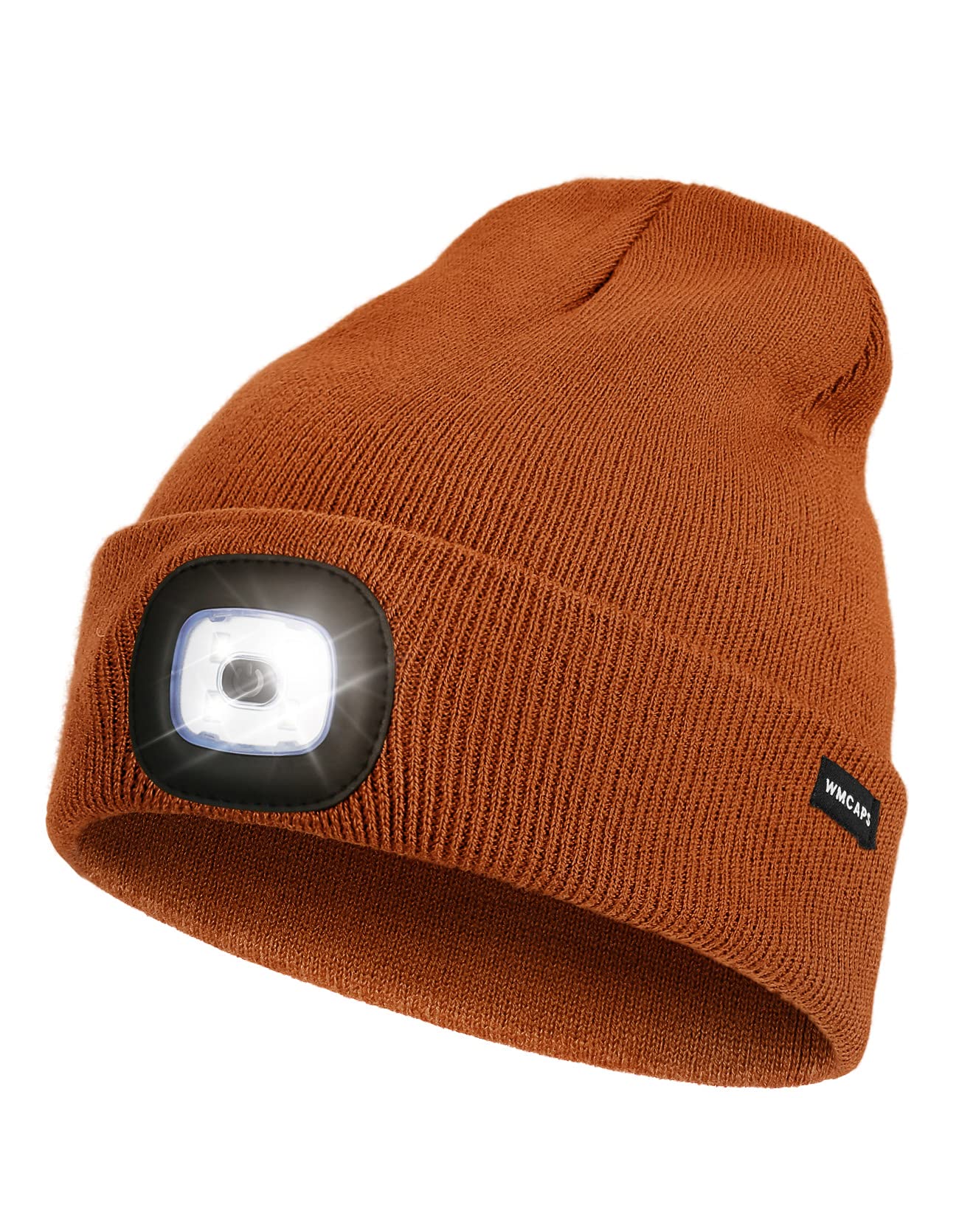 Rechargeable LED Lighted Beanie, Perfect Dad Gifts in Christmas, Stocking Fillers Cap with Light Hands Free Head Torch Unisex Winter Warm Knit Beanie Dark Orange
