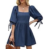 Denim Dress for Women Square Neck Jean Dress Puff Sleeve Babydoll Casual Denim Romper Outfit with Pockets