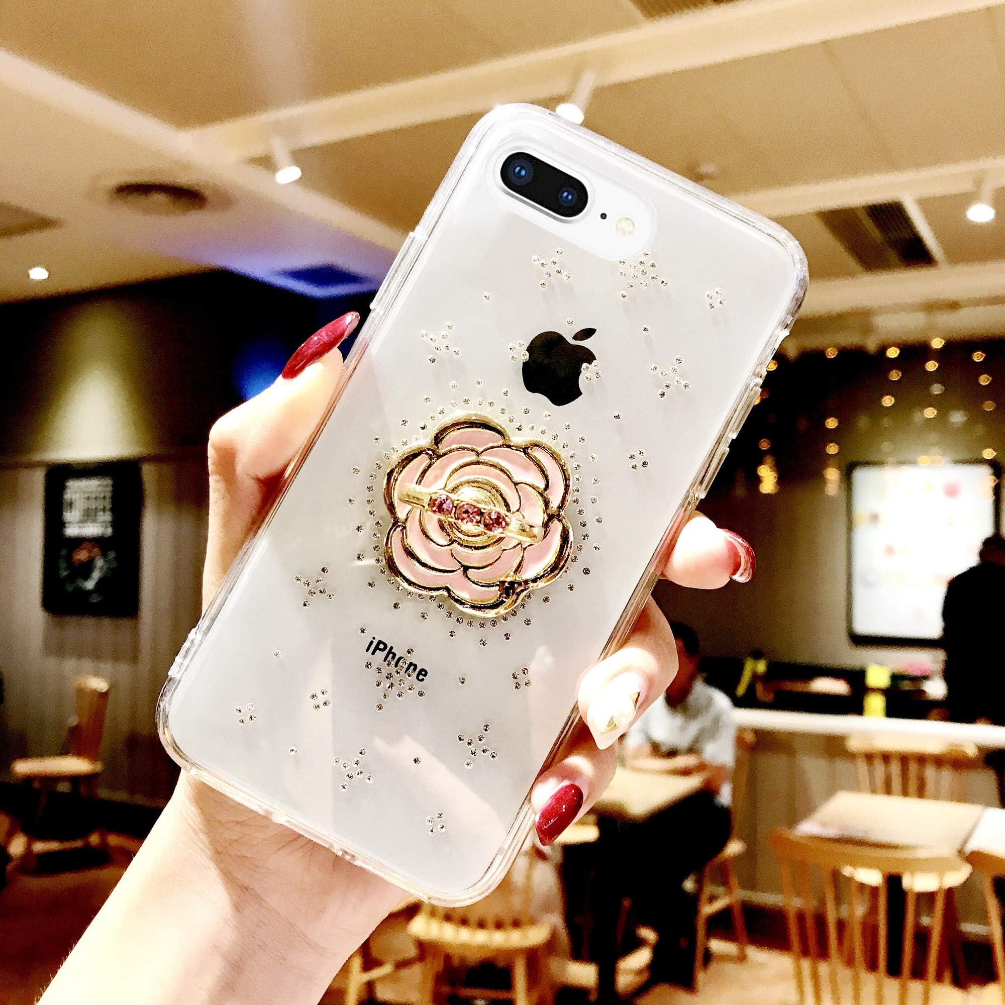iPhone 8 Plus Case with Ring Holder, iPhone 7 Plus Case, DMaos Embed Diamonds Design for Women, Soft TPU Crystal Clear Slim Cover with Rhinestone Kickstand, Premium for iPhone 8+ 7+ 5.5 inch - Flower