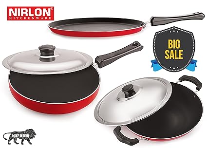 Nirlon Non-Stick Aluminium Cookware Set, 3-Pieces, Red (2.6mm_FT13_FP12_CHATTI)