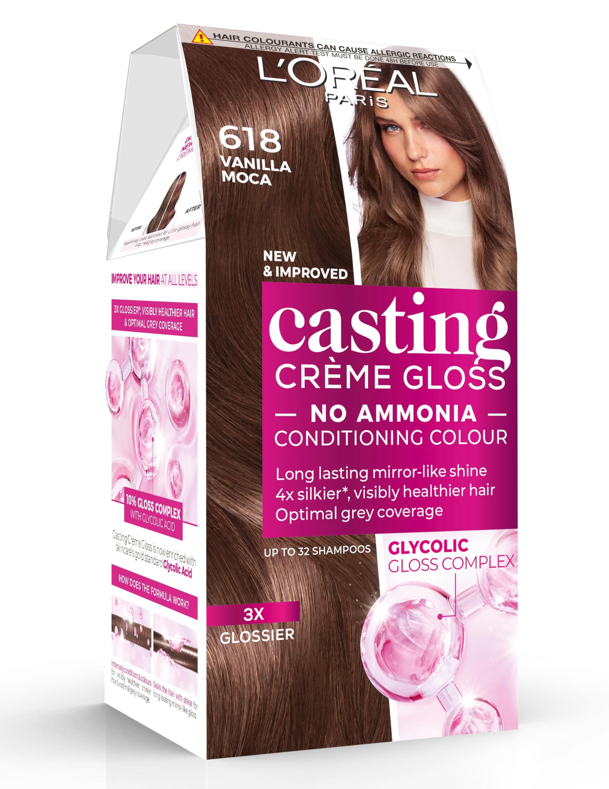 Casting Crème Gloss 618 Vanilla Mocha: This no-ammonia, semi-permanent hair colour lasts 32 washes. Enjoy up to 3x glossier, 4x silkier, visibly healthier hair with a warm vanilla mocha shade.