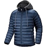Men's Puffer Jacket Lightweight Winter Warm Jackets Quilted Hoodie Water Resistant Zip Up Insulated Puffy Coat with Hood