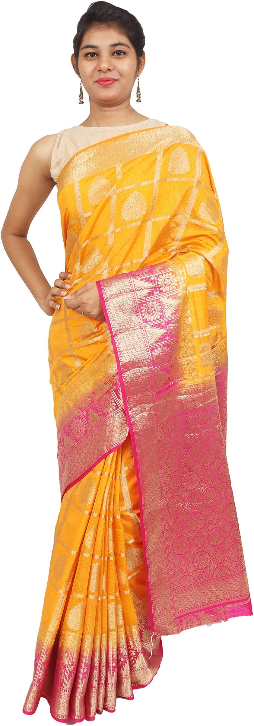 Taluka Fashions Handloom Traditional Raw Silk Checked Saree With Contrast And Zari Border