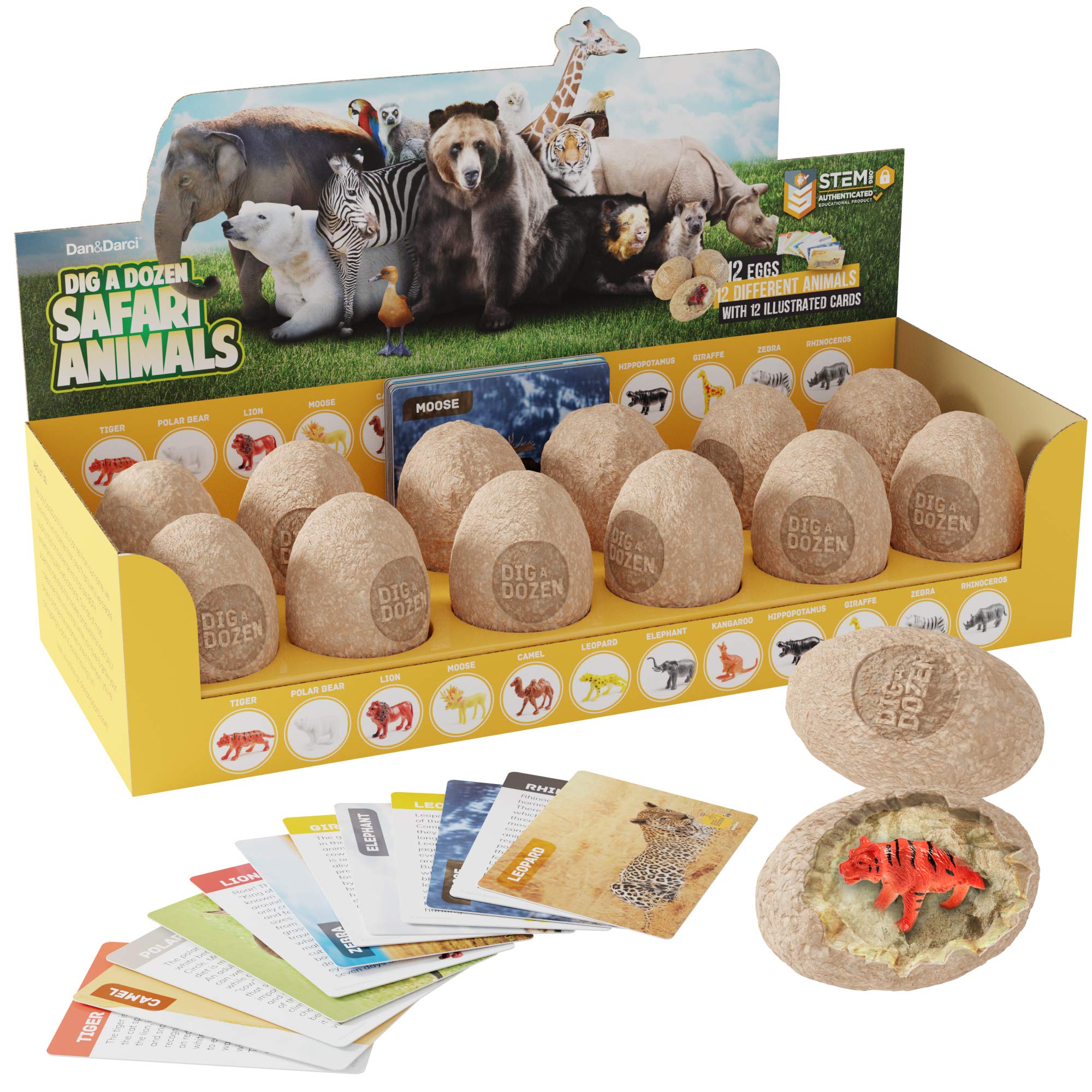 Dig a Dozen Egg Kit - Break Open 12 Eggs and Discover 12 Unique Cute Wild Safari Animals, with Learning Cards - Easter Archaeology Science STEM Gift for Kids