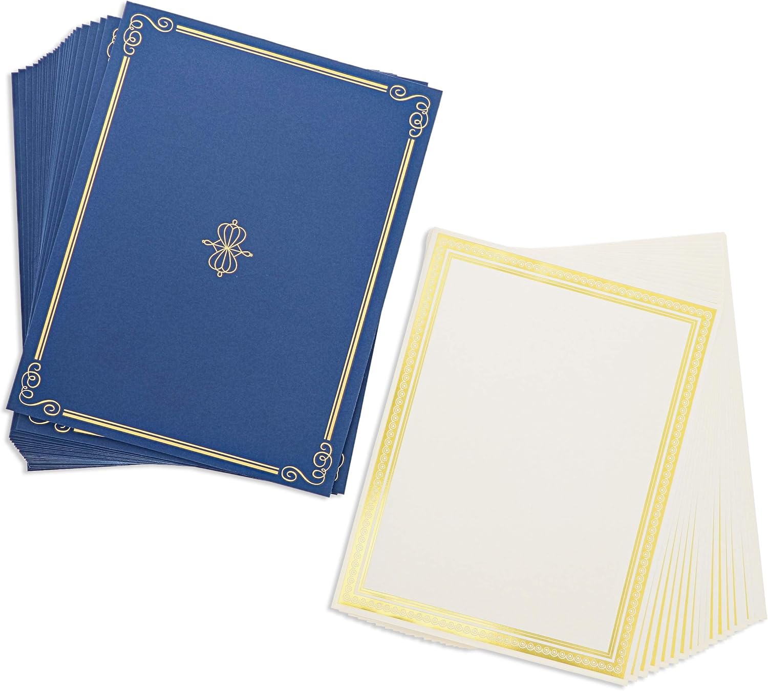 Pipilo Press 24-Pack Gold Foil Certificate Border Paper and Blue Holders Set (8.5 x 11 Inches) : Office Products
