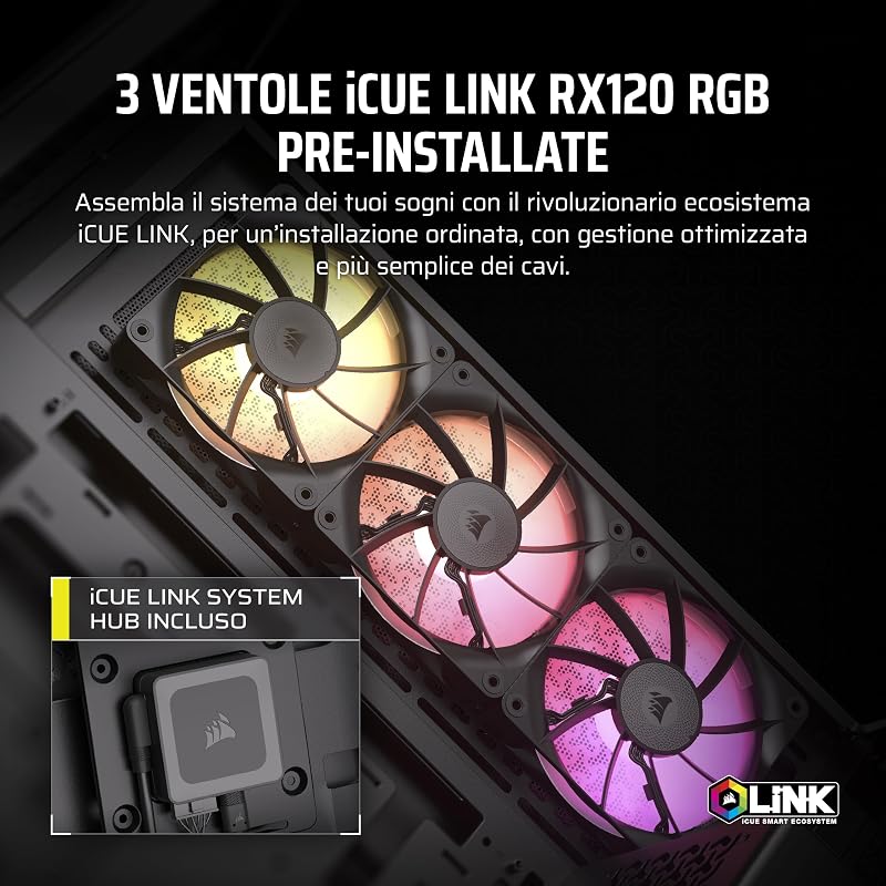 iCUE LINK 3500X RGB Mid-Tower ATX Case per PC - Vetro Panoramico Temperato - Compatibile con Scheda Madre a Connessione Inversa - 3x Ventole CORSAIR RX120 RGB Incluse - Nero