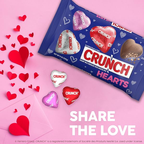 CRUNCH MILK CHOCOLATE HEARTS WITH CRISPED RICE, VALENTINE’S DAY BAG, 9 OZ