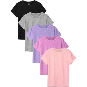 5 Pack Girls Shirts Short Sleeve Crewneck Tee Kids T-Shirts Summer Clothes | Lightweight Colored Cotton Blend, Breathable Tex