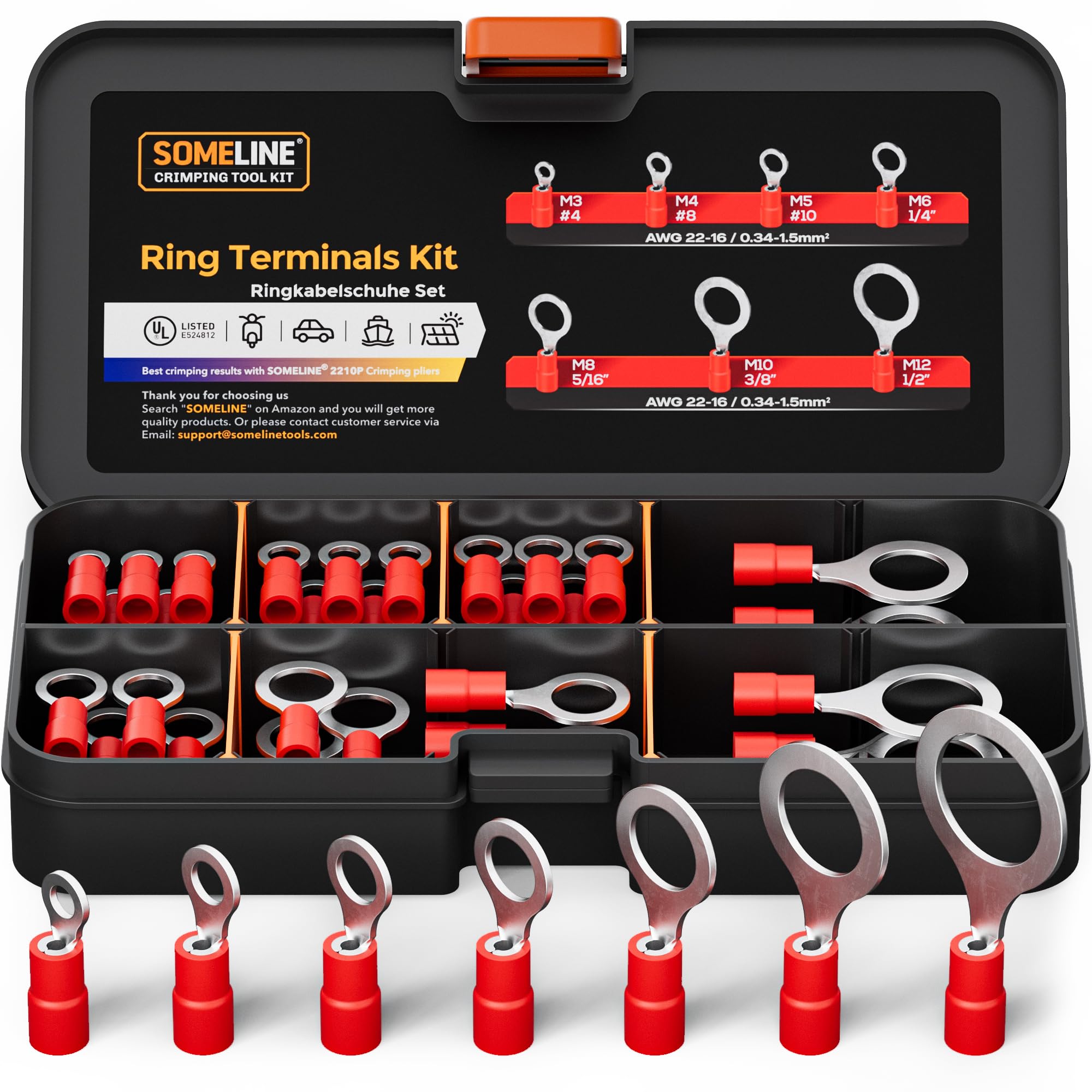 SOMELINE Wire Connectors, Electrical Connectors, Crimp Connectors, Red O Ring Terminal Cable, Auto Electrical Connectors 0.34-1.5mm²(AWG22-16) Ring Wire Connectors, Cable Connector