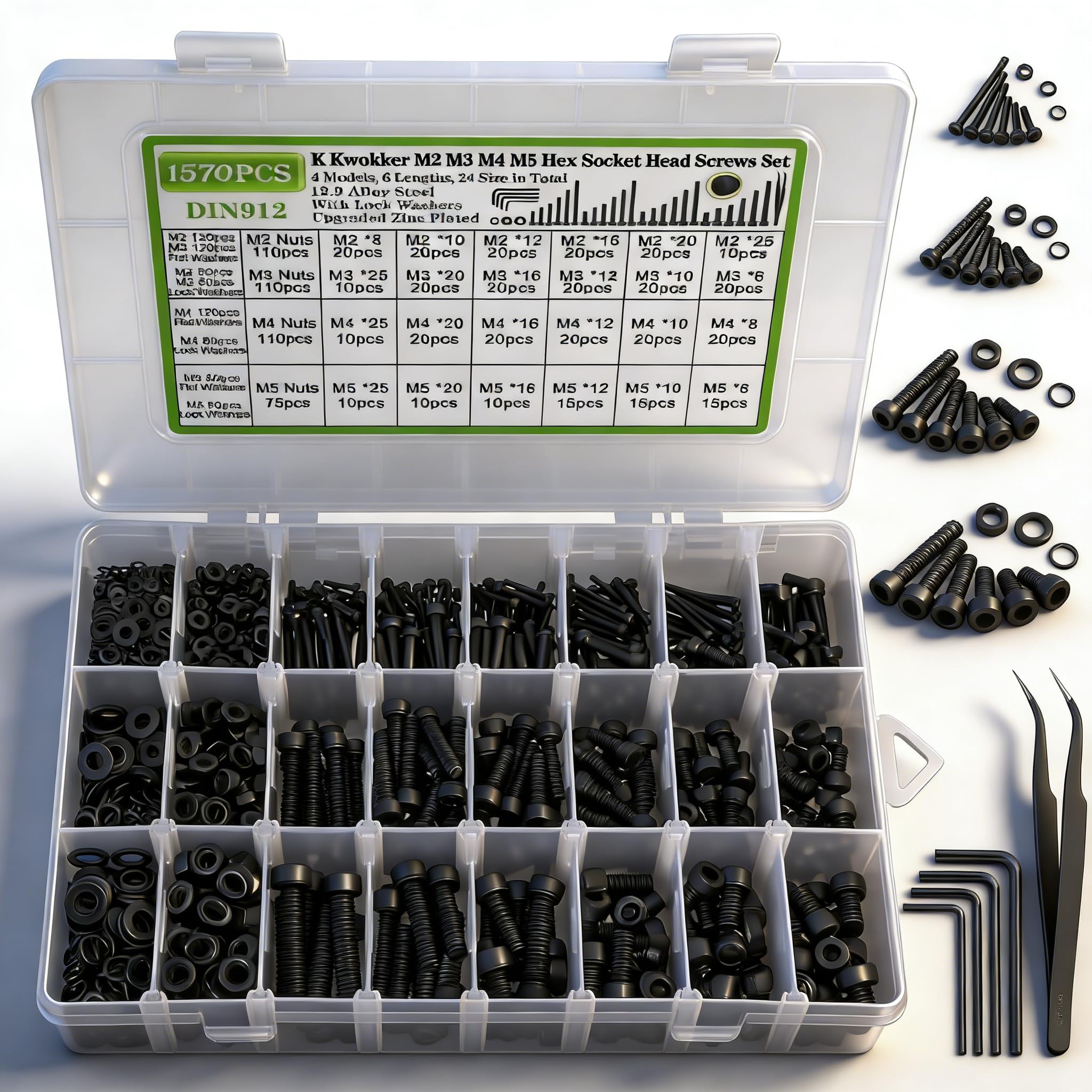 K Kwokker 1575PCS Hex Bolt Set, M3 Nuts and Bolts, M2 M3 M4 M5 Black Nuts and Bolts Set, Grade 12.9 Metric Hex Socket Head Cap Screws Machine Screws and Washers Assortment Kit for Bicycle Repair
