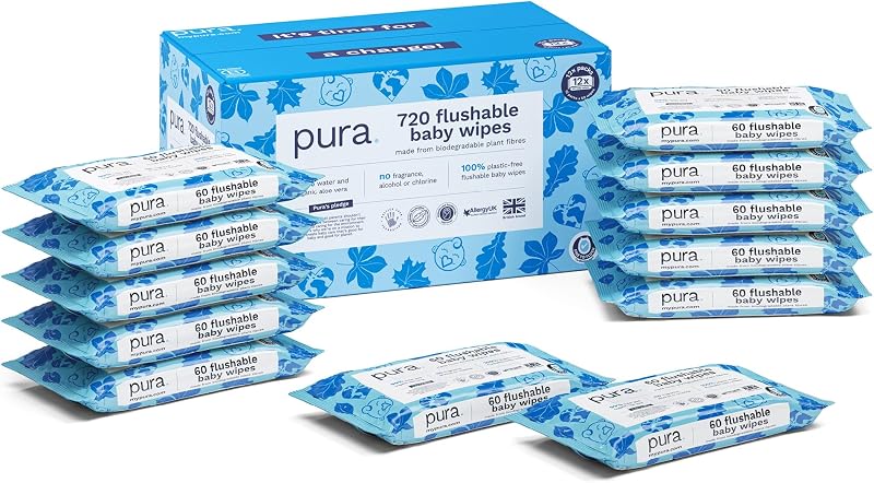 Pura Flushable Baby Wipes 720 total 12 x 60 Plastic Free Biodegradable