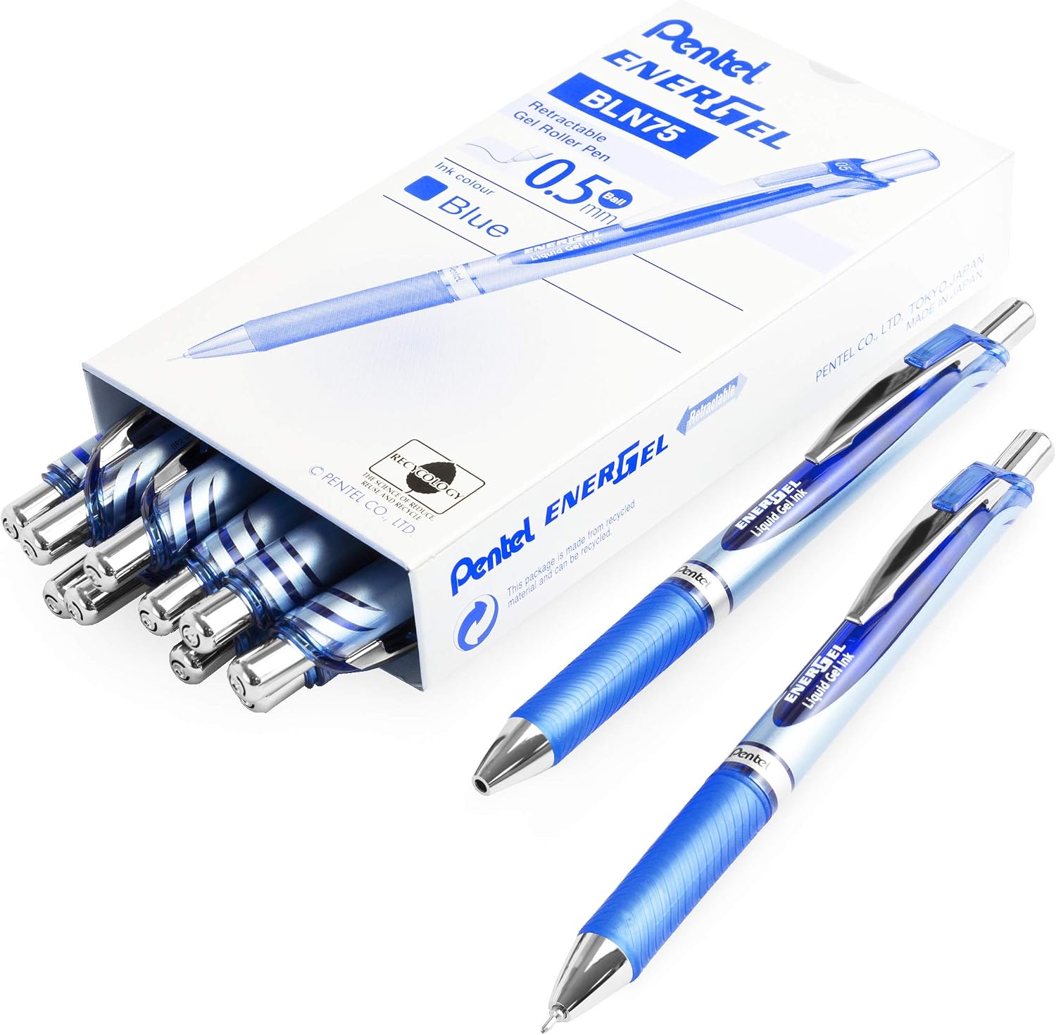 Pentel Energel BLN75 Retractable Gel Ink Rollerball Pen - 0.5mm - Blue - Pack of 14, 1 count (Pack of 14)