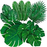 Palm Leaves Artificial Tropical Monstera-84pcs 6 Kinds Large Small Green Fake Palm Leaf with Stems for Safari Jungle Hawaiian