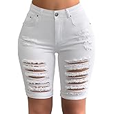 roswear Women's Distressed Knee Length Ripped Stretchy Jean Shorts