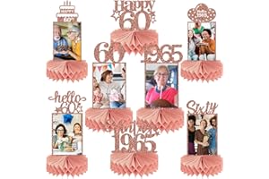 Guiruiy 8Pcs Happy 60th Birthday Decorations Honeycomb Centerpieces for Women, Pink Rose Gold Glitter Hello 60 Birthday Photo Table Centerpieces Party Supplies, Pink Sixty Bday Photo Table Topper