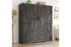 St.Mandyu Farmhouse Wardrobe Armoire Closet with 4 Doors and 2 Drawers, 70.1" Wooden Clothing Storage Cabinet, Freestanding Large Capacity Storage Wardrobe Armoire with Hanging Rod for Bedroom, Grey