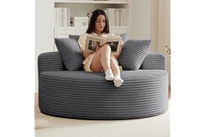 HZANHY 55''L Oversized Round Chaise Longue Chair Indoor, Corduroy Sponge Single Sofa, Oversized Round Chairs, Modern Sleeper Chair for Living Room,Projection Room, Wide Armrest ChairsDark Grey