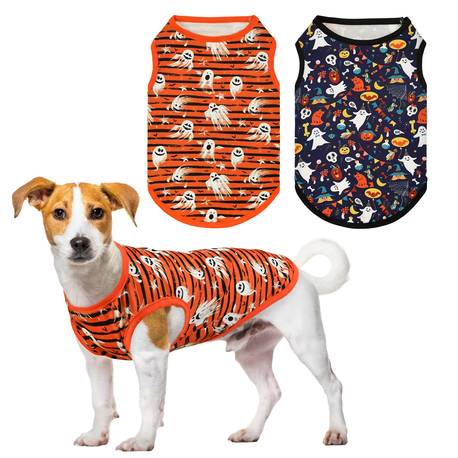 Photo 1 of ShuRung 2PCS Halloween Puppy Sleeveless Tank Tops Dog Ghost Spooky Bat Pumpkin Pattern Shirts Halloween-Themed Apparel Vest for Small Middle-Sized Dog Cat XXL