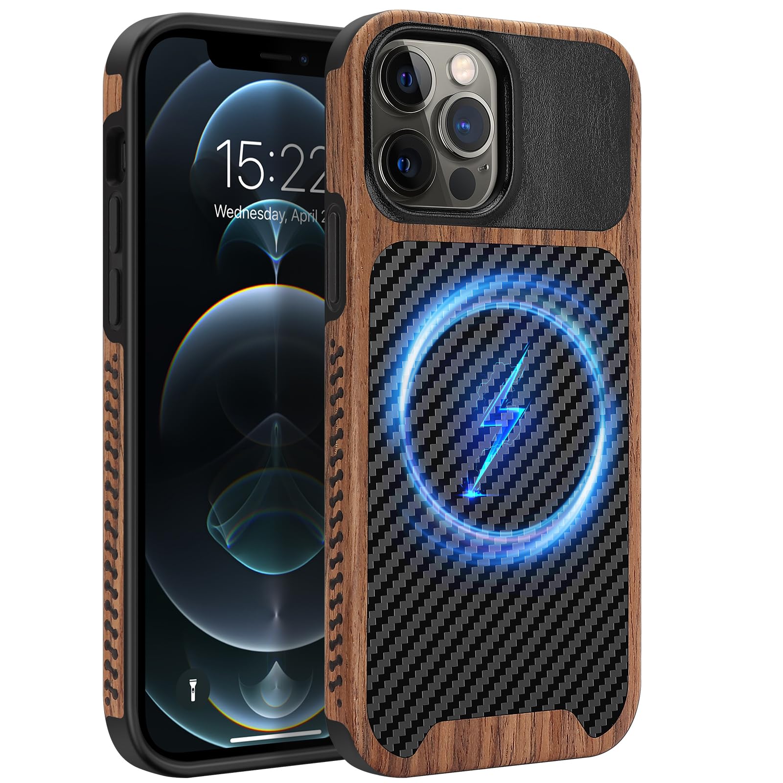 Photo 1 of ZZDZZ Magnetic Case Compatible with iPhone 12 Pro Max Case [Compatible with MagSafe] Wood and Leather Carbon Fiber Design Hybrid Shockproof Phone Case (Black)