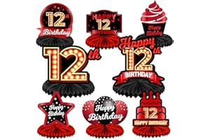 COOSOAR Happy 12th Birthday Red and Black Table Honeycomb Centerpieces Balloons Theme Decor Table Decorations Table Toppers for Girls Women Princess 12 Years Old Birthday Party Bday Supplies Background Gold
