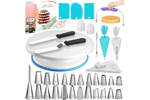 RFAQK 64 PCs Cake Decorating Kit for Beginners Includes Video Course, Booklet + Baking Supplies Gift - Cake Stand, Leveler, 24 Numbered Piping Tips, Straight & Offset Spatula, & Scraper sets