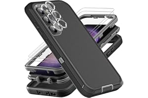 YKHJKLEC for Samsung Galaxy S23 Case, ONLY, [NOT FIT Galaxy S23 FE/S23 Plus/S23 Ultra], Military Grade 3 in 1 Case with 2Pcs Tempered Glass Screen Protector & Camera Lens Protector (Black/Grey)