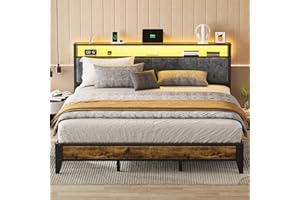 OLEVS King Bed Frame with Headboard, Metal Platform Bed King Size with 2-Tier Storage, LED Light & Charging Station Type C, No Box Spring Needed, Easy Assembly