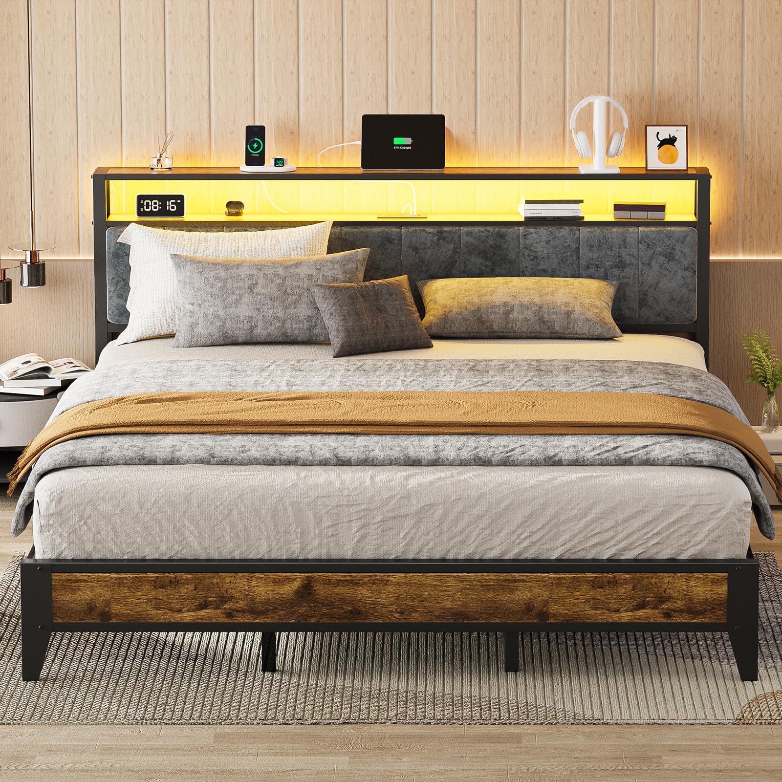 Photo 1 of **MISSING PARTS**
OLEVS King Bed Frame with Headboard, Metal Platform Bed King Size with 2-Tier Storage, LED Light & Charging Station Type C, No Box Spring Needed, Easy Assembly