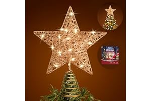 WHOLEV Christmas Star Tree Topper, 10 in Santa Gift Rose Gold Wire Glitter Tree Top for Christmas Tree Decorations, 20 LED Lights Metal Treetop Xmas Decor for Indoor Office New Year Holiday Tree Decoration